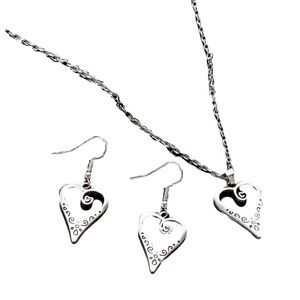 New Boho Artisan Sterling Silver Whimsical Heart Necklace & Earrings Jewelry Set
